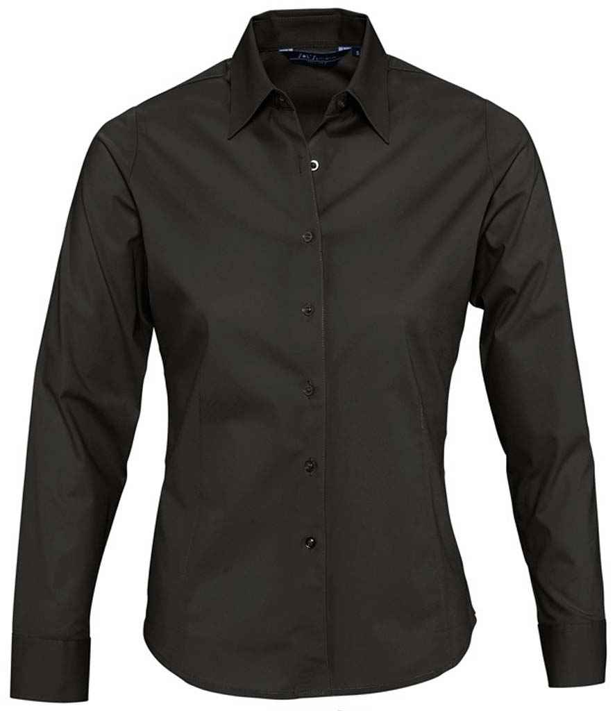 SOL'S Ladies Eden Long Sleeve Fitted Shirt in Black by SOL'S — Custom branded clothing by Print Press, featuring premium embroidery produced in our specialist print lab in the UK.