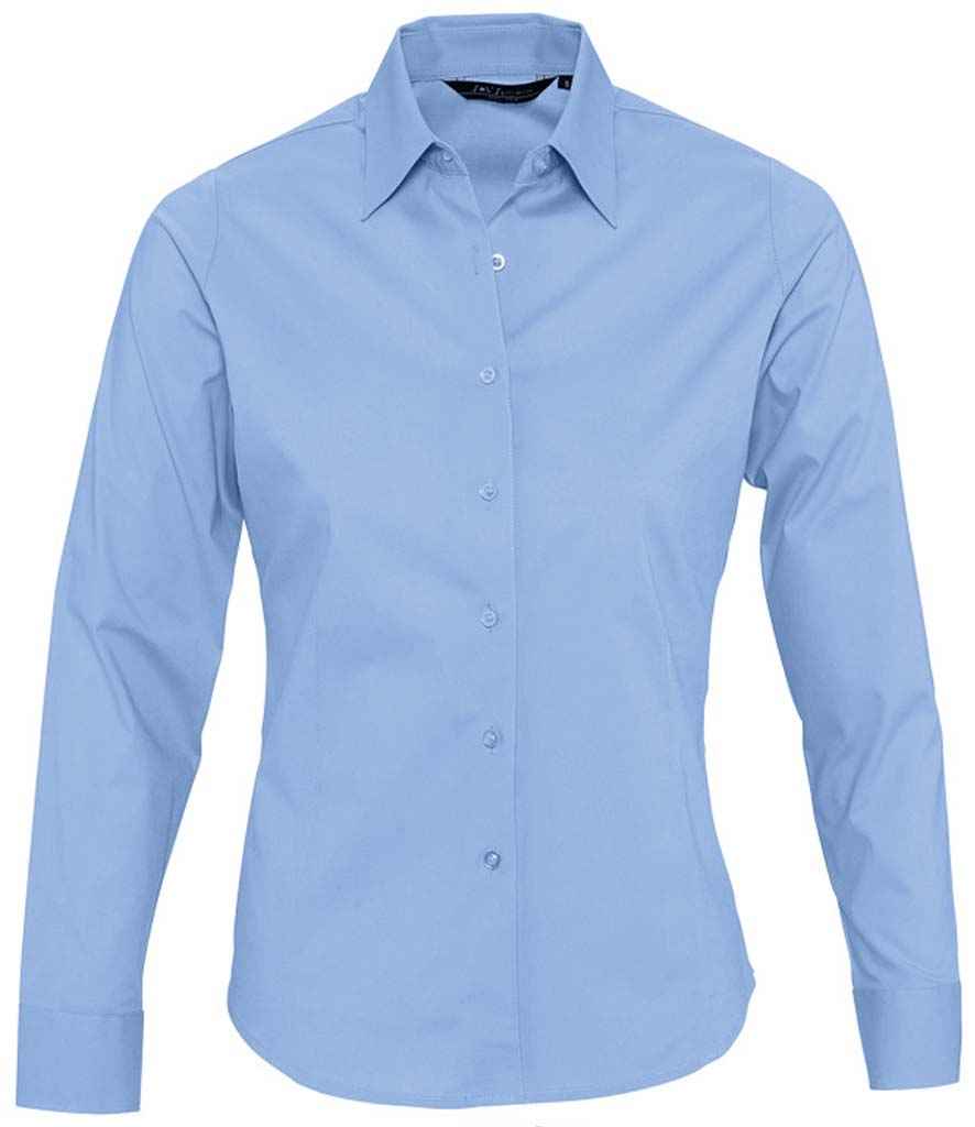 SOL'S Ladies Eden Long Sleeve Fitted Shirt in Bright Sky by SOL'S — Custom branded clothing by Print Press, featuring premium embroidery produced in our specialist print lab in the UK.