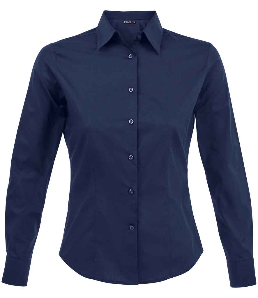 SOL'S Ladies Eden Long Sleeve Fitted Shirt in Dark Blue by SOL'S — Custom branded clothing by Print Press, featuring premium embroidery produced in our specialist print lab in the UK.