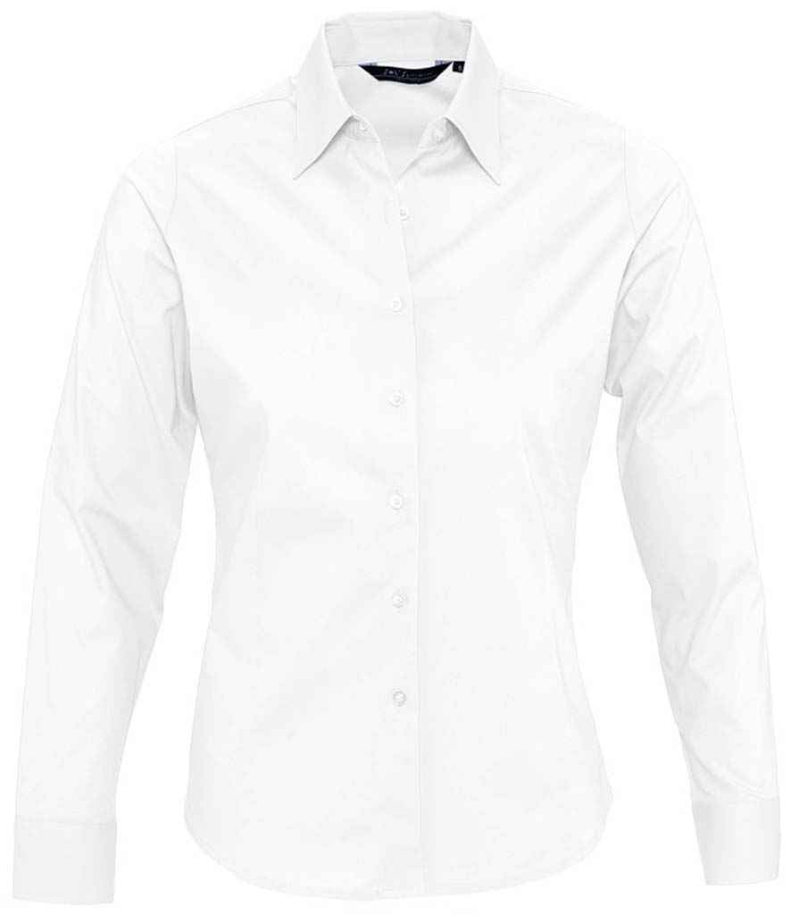 SOL'S Ladies Eden Long Sleeve Fitted Shirt in White by SOL'S — Custom branded clothing by Print Press, featuring premium embroidery produced in our specialist print lab in the UK.