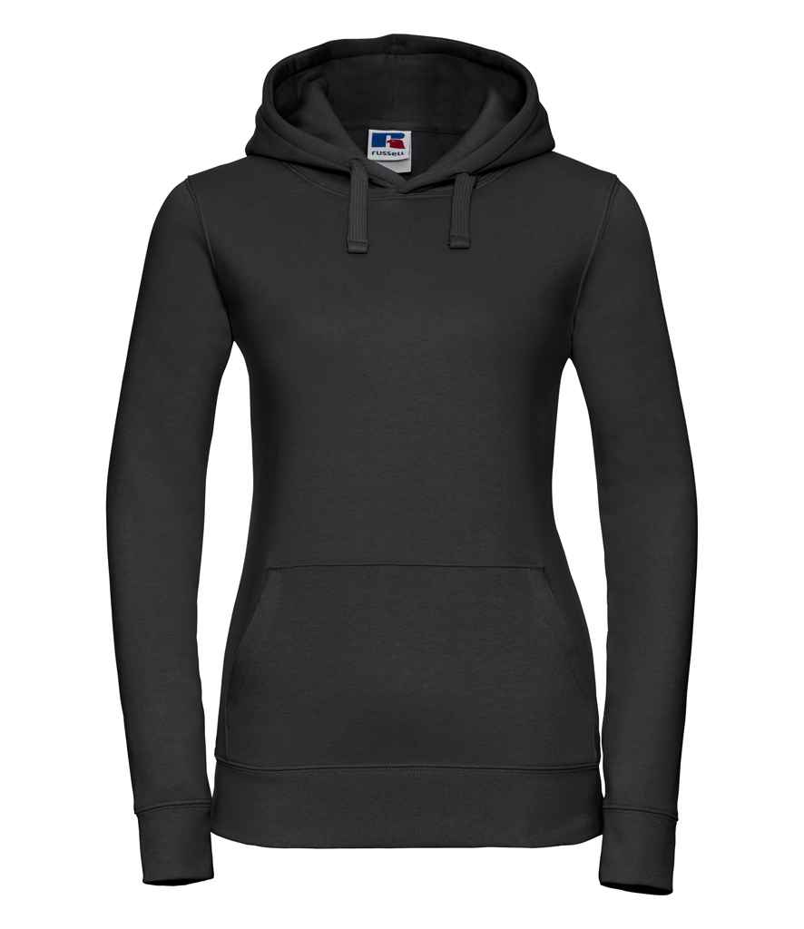 Russell Ladies Authentic Hooded Sweatshirt in Black by Russell — Custom branded clothing by Print Press, featuring premium embroidery produced in our specialist print lab in the UK.