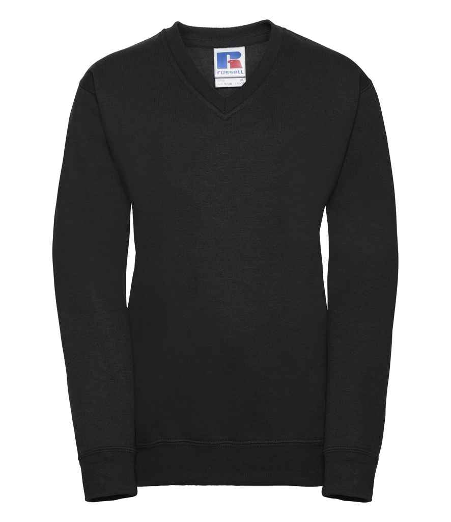 Russell Schoolgear Kids V Neck Sweatshirt in Black by Russell — Custom branded clothing by Print Press, featuring premium embroidery produced in our specialist print lab in the UK.