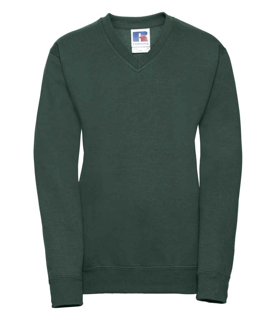 Russell Schoolgear Kids V Neck Sweatshirt in Bottle Green by Russell — Custom branded clothing by Print Press, featuring premium embroidery produced in our specialist print lab in the UK.