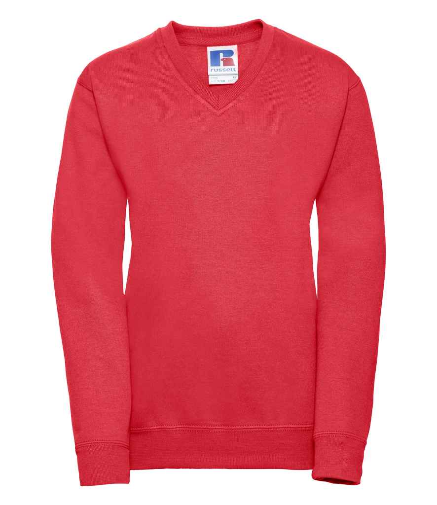 Russell Schoolgear Kids V Neck Sweatshirt in Bright Red by Russell — Custom branded clothing by Print Press, featuring premium embroidery produced in our specialist print lab in the UK.