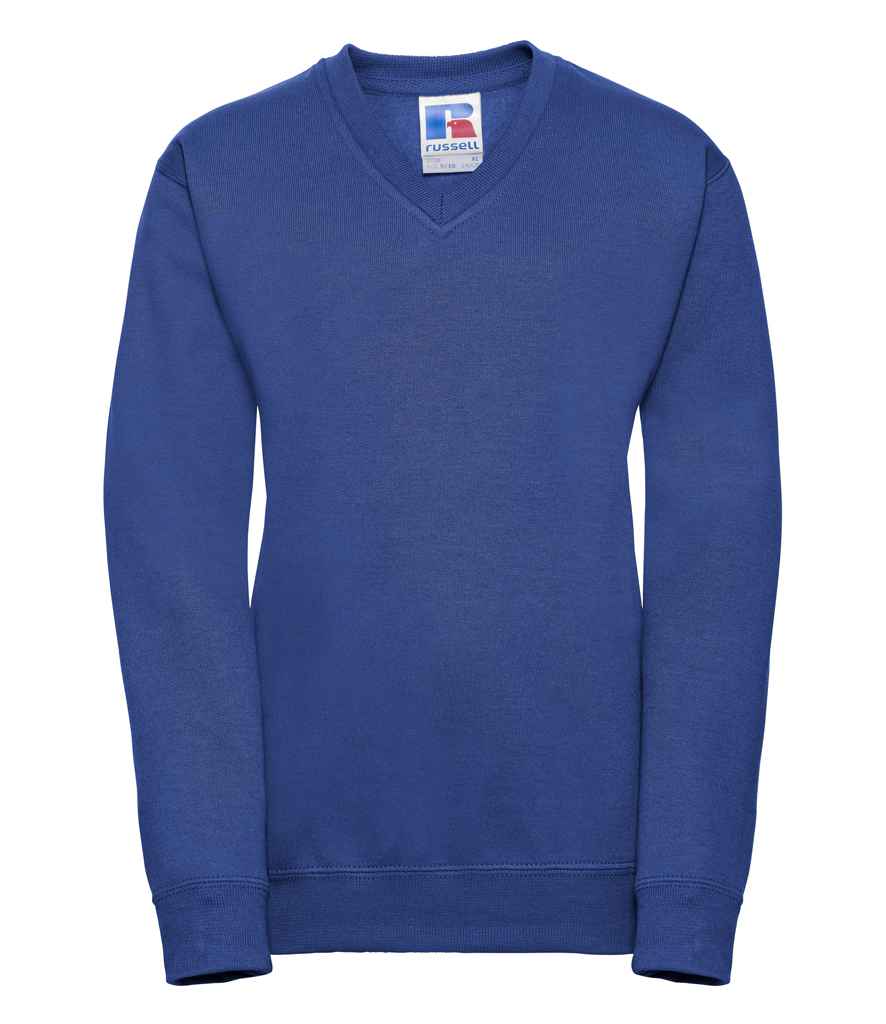 Russell Schoolgear Kids V Neck Sweatshirt in Bright Royal by Russell — Custom branded clothing by Print Press, featuring premium embroidery produced in our specialist print lab in the UK.