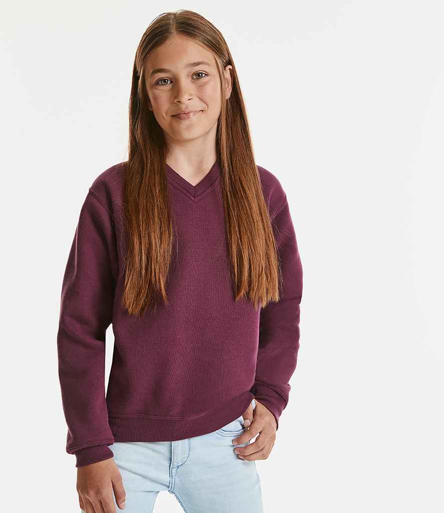 Russell Schoolgear Kids V Neck Sweatshirt in Burgundy by Russell — Custom branded clothing by Print Press, featuring premium embroidery produced in our specialist print lab in the UK.