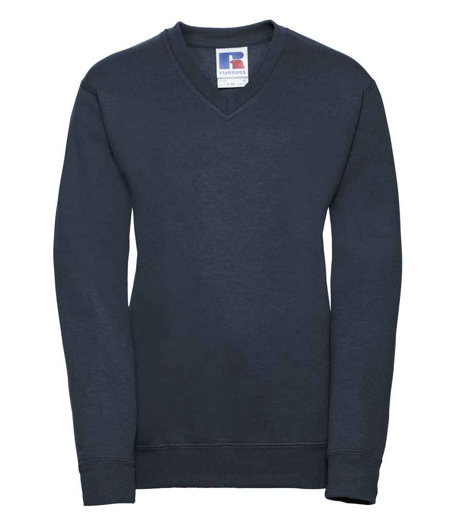 Russell Schoolgear Kids V Neck Sweatshirt in French Navy by Russell — Custom branded clothing by Print Press, featuring premium embroidery produced in our specialist print lab in the UK.