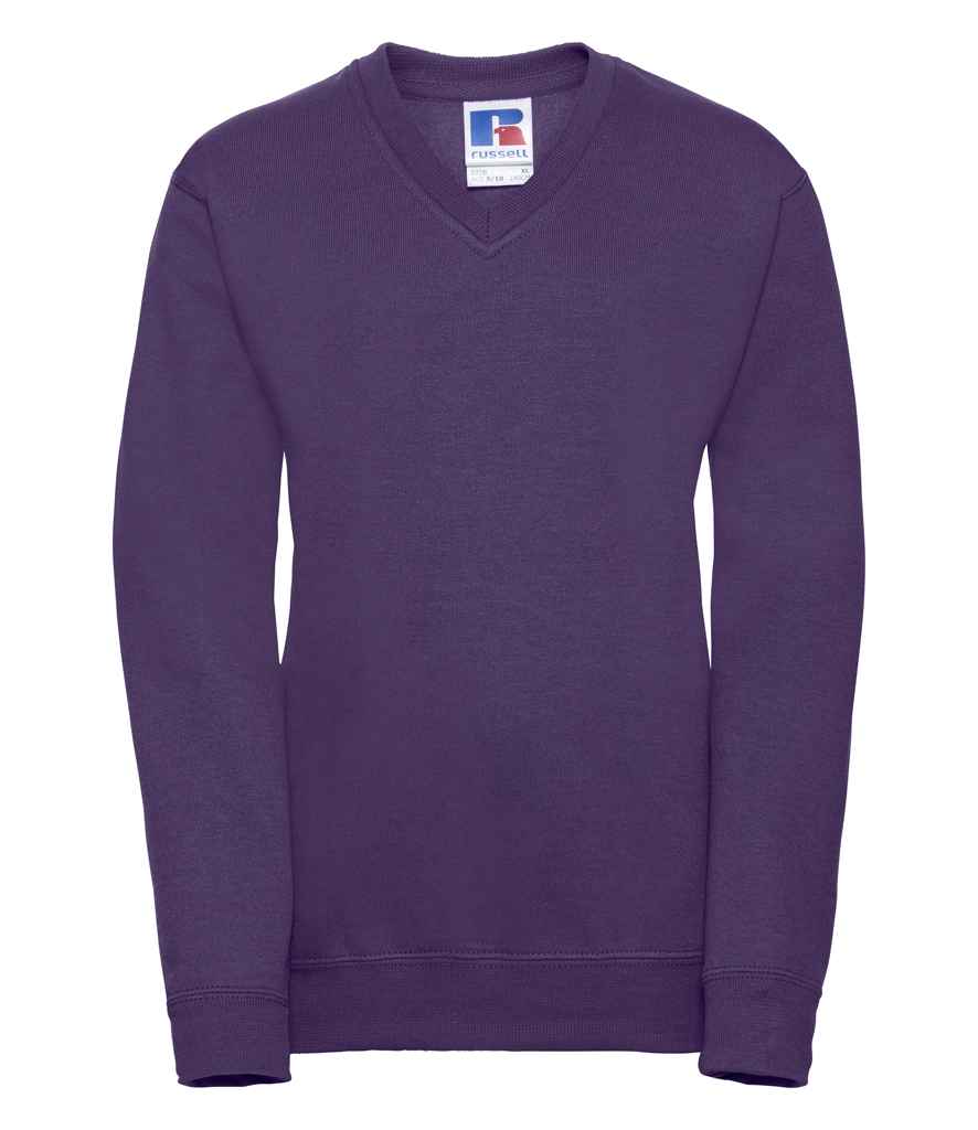 Russell Schoolgear Kids V Neck Sweatshirt in Purple by Russell — Custom branded clothing by Print Press, featuring premium embroidery produced in our specialist print lab in the UK.