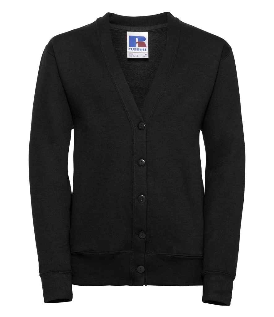 Russell Schoolgear Kids Sweat Cardigan in Black by Russell — Custom branded clothing by Print Press, featuring premium embroidery produced in our specialist print lab in the UK.