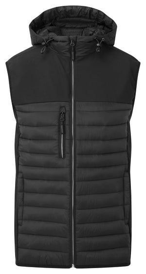 Tuffstuff Howden Hooded Bodywarmer in BLACK by TUFFSTUFF — Custom branded clothing by Print Press, featuring premium embroidery produced in our specialist print lab in the UK.