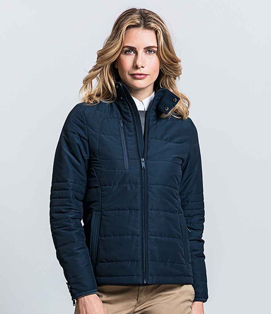 Russell Ladies Cross Padded Jacket in French Navy by Russell — Custom branded clothing by Print Press, featuring premium embroidery produced in our specialist print lab in the UK.