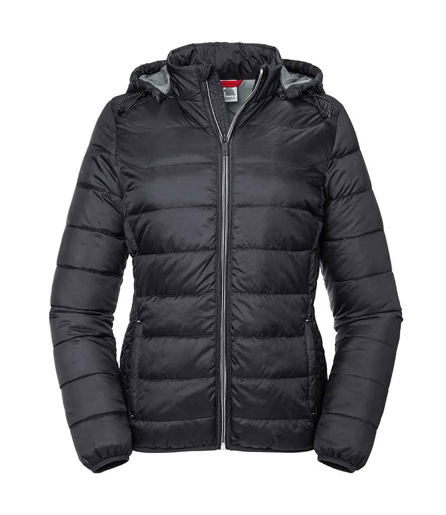 Russell Ladies Hooded Nano Padded Jacket in Black by Russell — Custom branded clothing by Print Press, featuring premium embroidery produced in our specialist print lab in the UK.