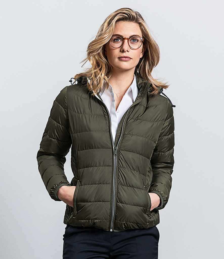 Russell Ladies Hooded Nano Padded Jacket in Dark Olive by Russell — Custom branded clothing by Print Press, featuring premium embroidery produced in our specialist print lab in the UK.