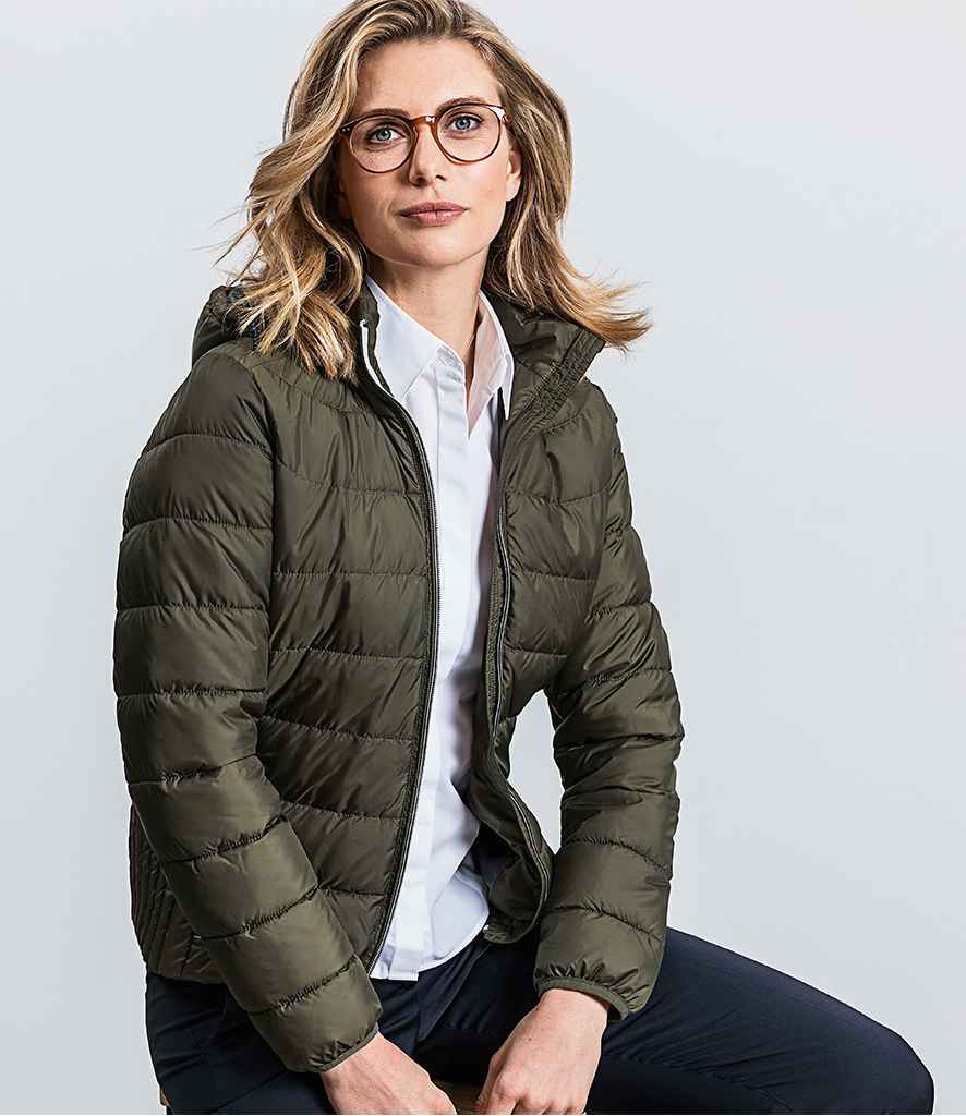 Russell Ladies Hooded Nano Padded Jacket in by Russell — Custom branded clothing by Print Press, featuring premium embroidery produced in our specialist print lab in the UK.