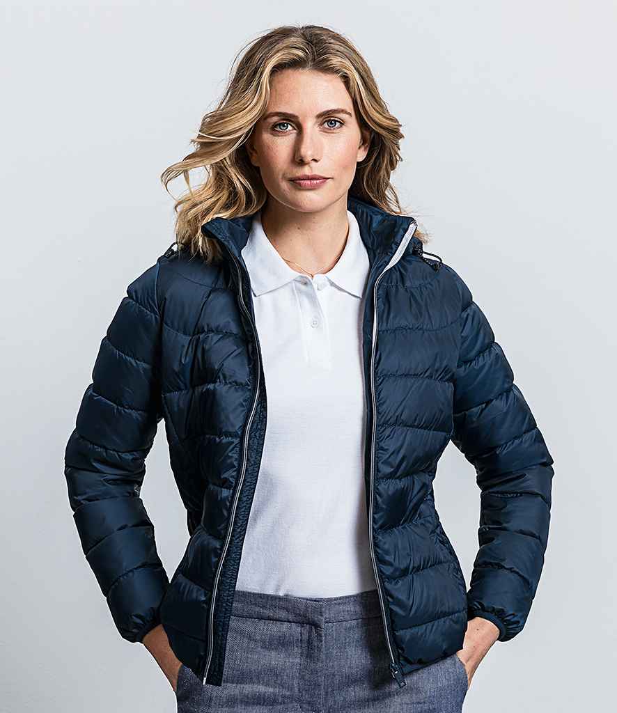 Russell Ladies Hooded Nano Padded Jacket in by Russell — Custom branded clothing by Print Press, featuring premium embroidery produced in our specialist print lab in the UK.