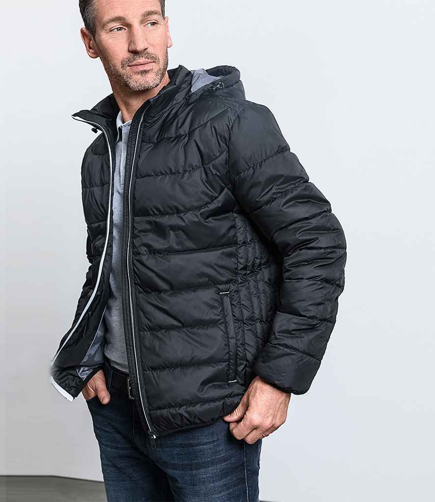 Russell Hooded Nano Padded Jacket in Black by Russell — Custom branded clothing by Print Press, featuring premium embroidery produced in our specialist print lab in the UK.