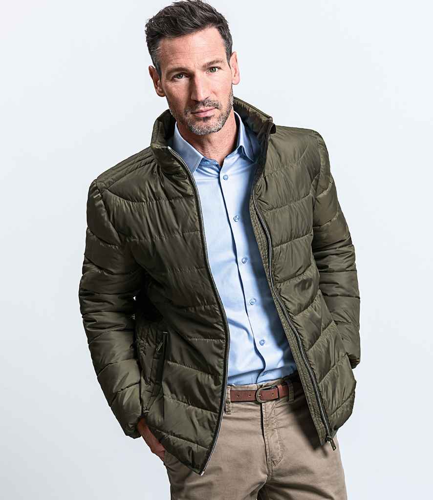 Russell Hooded Nano Padded Jacket in Dark Olive by Russell — Custom branded clothing by Print Press, featuring premium embroidery produced in our specialist print lab in the UK.