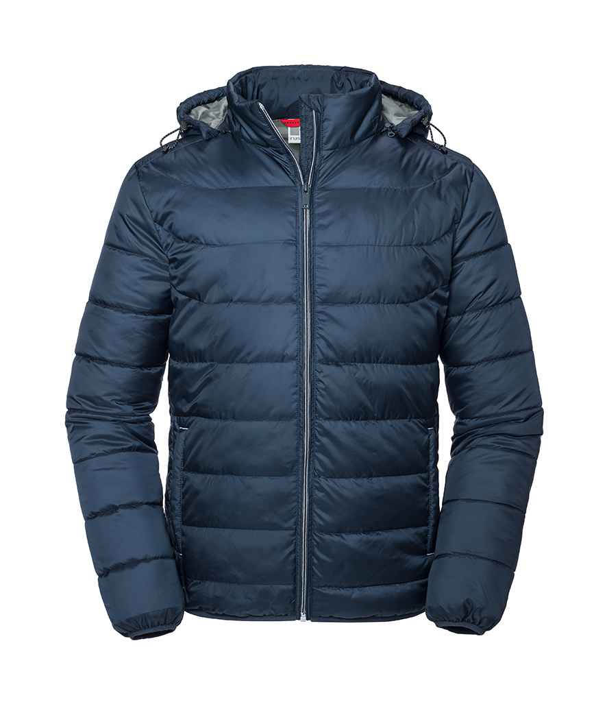 Russell Hooded Nano Padded Jacket in French Navy by Russell — Custom branded clothing by Print Press, featuring premium embroidery produced in our specialist print lab in the UK.