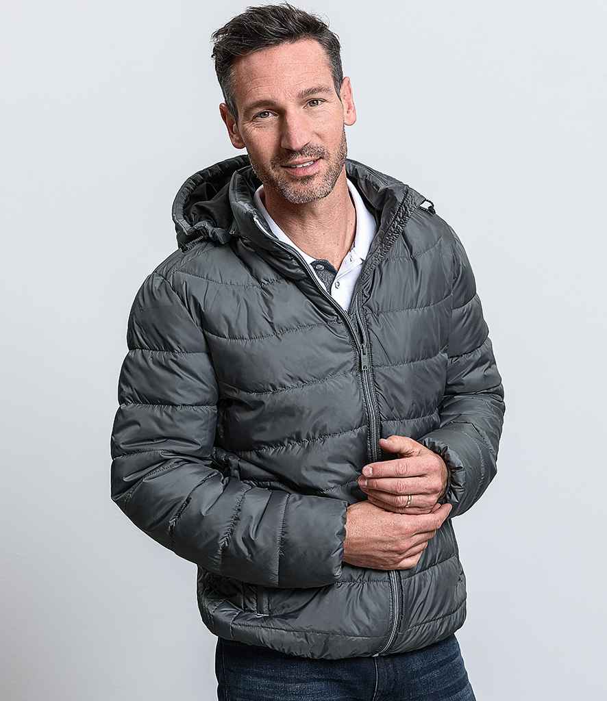 Russell Hooded Nano Padded Jacket in Iron by Russell — Custom branded clothing by Print Press, featuring premium embroidery produced in our specialist print lab in the UK.