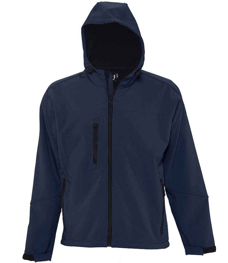 SOL'S Replay Hooded Soft Shell Jacket in French Navy by SOL'S — Custom branded clothing by Print Press, featuring premium embroidery produced in our specialist print lab in the UK.
