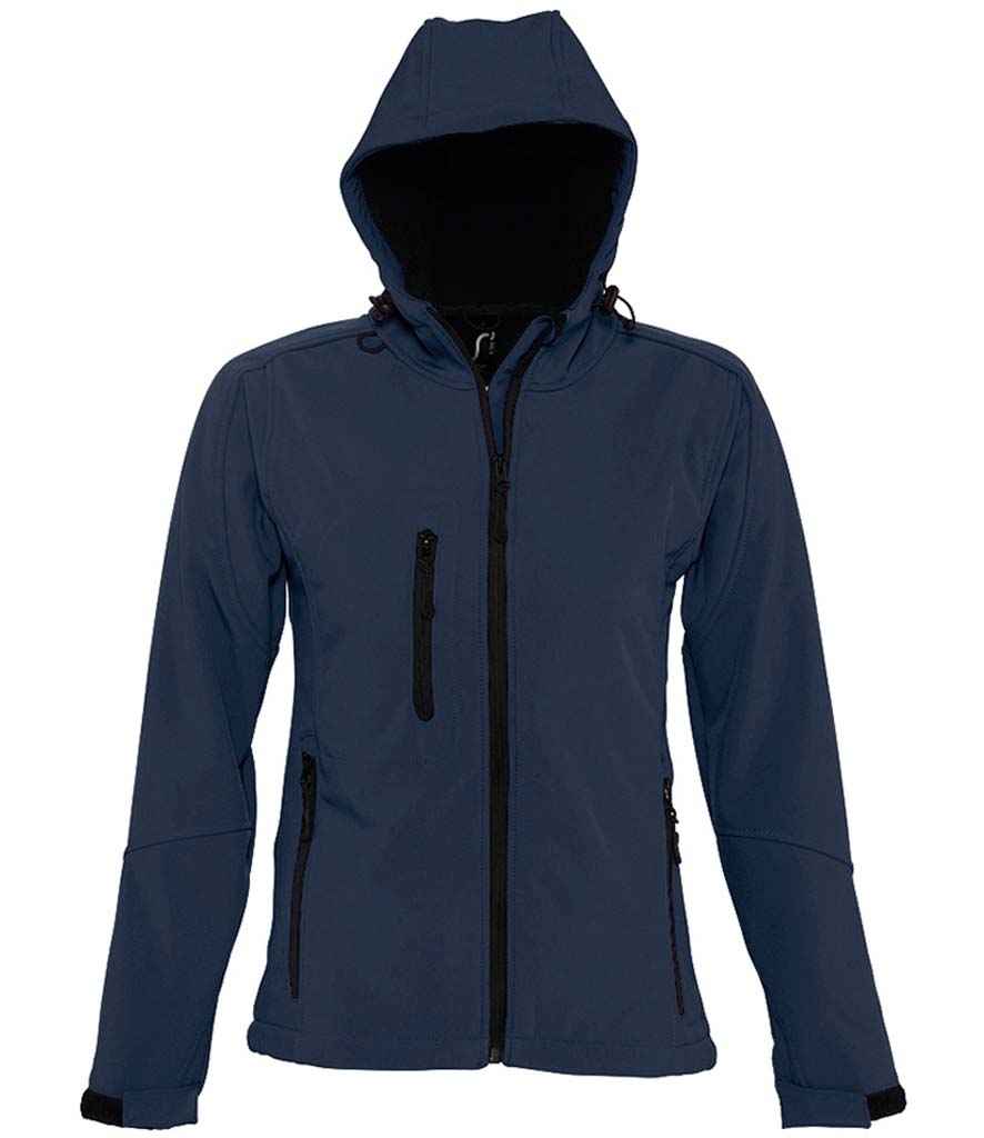 SOL'S Ladies Replay Hooded Soft Shell Jacket in French Navy by SOL'S — Custom branded clothing by Print Press, featuring premium embroidery produced in our specialist print lab in the UK.
