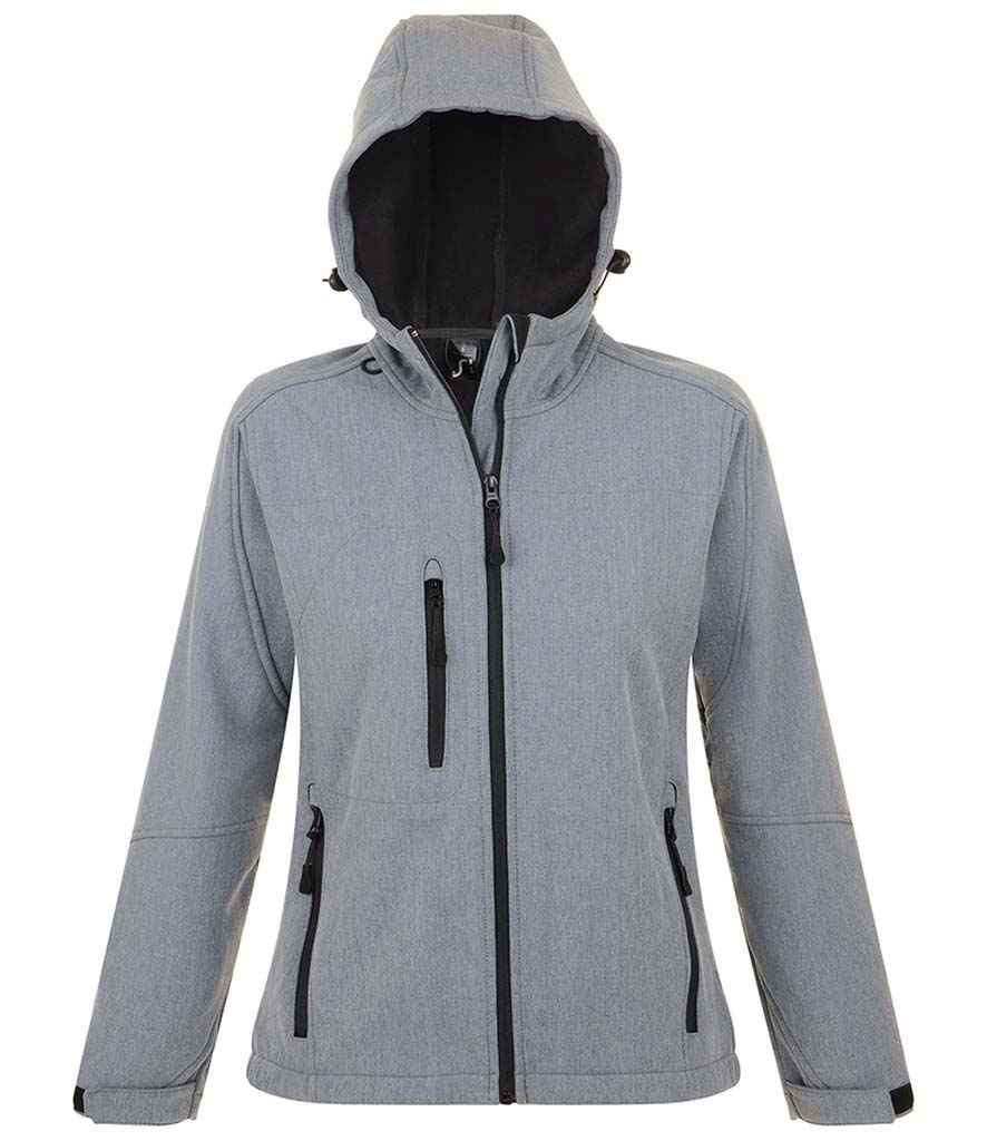 SOL'S Ladies Replay Hooded Soft Shell Jacket in Grey Marl by SOL'S — Custom branded clothing by Print Press, featuring premium embroidery produced in our specialist print lab in the UK.