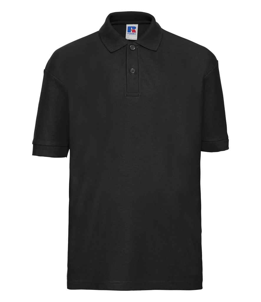 Russell Schoolgear Kids Poly/Cotton Piqué Polo Shirt in Black by Russell — Custom branded clothing by Print Press, featuring premium embroidery produced in our specialist print lab in the UK.