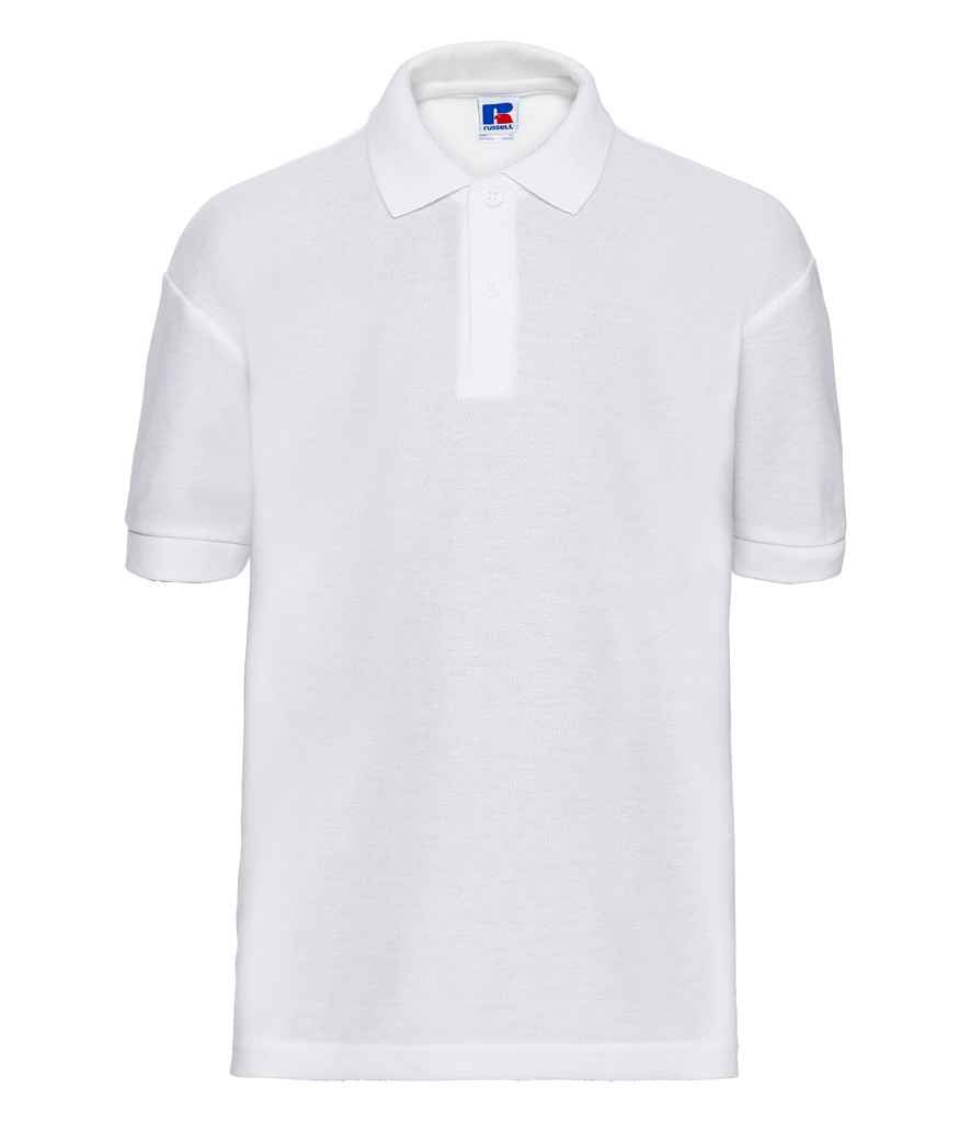 Russell Schoolgear Kids Poly/Cotton Piqué Polo Shirt in White by Russell — Custom branded clothing by Print Press, featuring premium embroidery produced in our specialist print lab in the UK.