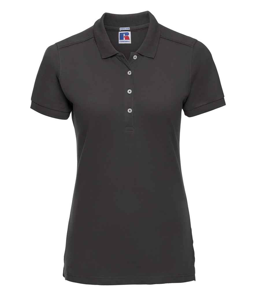 Russell Ladies Stretch Piqué Polo Shirt in Black by Russell — Custom branded clothing by Print Press, featuring premium embroidery produced in our specialist print lab in the UK.