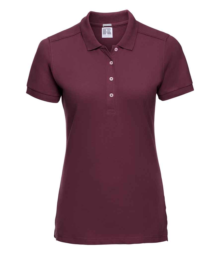 Russell Ladies Stretch Piqué Polo Shirt in Burgundy by Russell — Custom branded clothing by Print Press, featuring premium embroidery produced in our specialist print lab in the UK.