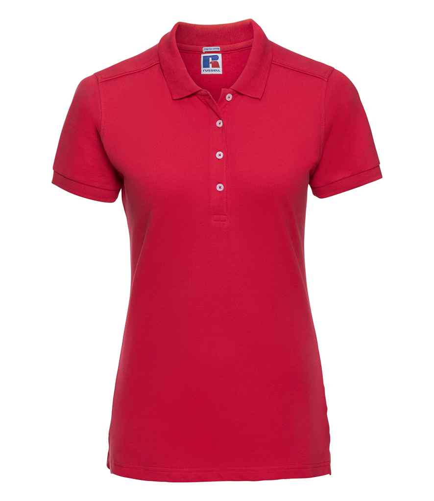 Russell Ladies Stretch Piqué Polo Shirt in Classic Red by Russell — Custom branded clothing by Print Press, featuring premium embroidery produced in our specialist print lab in the UK.