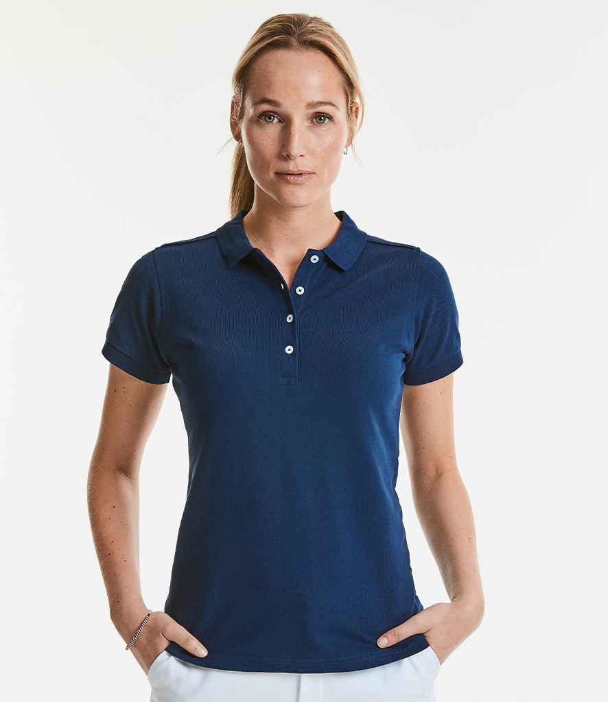 Russell Ladies Stretch Piqué Polo Shirt in French Navy by Russell — Custom branded clothing by Print Press, featuring premium embroidery produced in our specialist print lab in the UK.