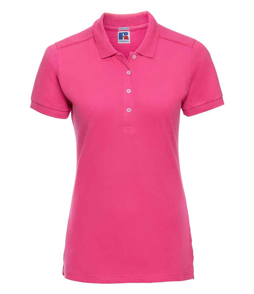 Russell Ladies Stretch Piqué Polo Shirt in Fuchsia by Russell — Custom branded clothing by Print Press, featuring premium embroidery produced in our specialist print lab in the UK.
