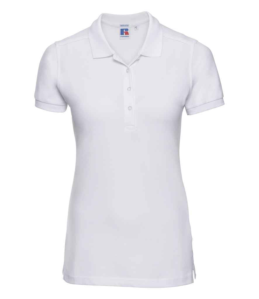 Russell Ladies Stretch Piqué Polo Shirt in White by Russell — Custom branded clothing by Print Press, featuring premium embroidery produced in our specialist print lab in the UK.