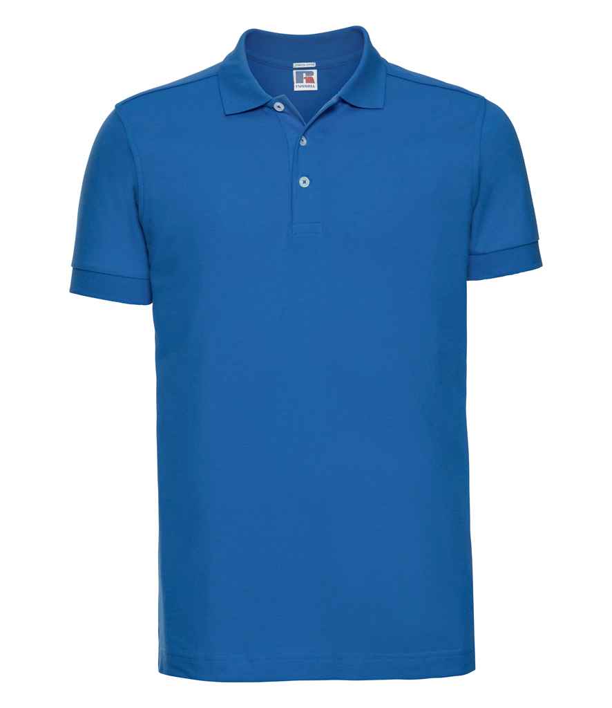 Russell Stretch Piqué Polo Shirt in Azure by Russell — Custom branded clothing by Print Press, featuring premium embroidery produced in our specialist print lab in the UK.