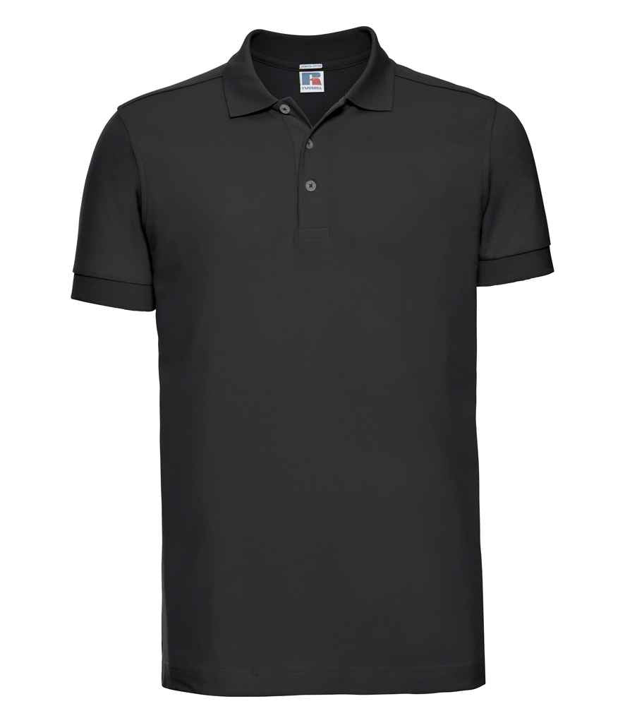 Russell Stretch Piqué Polo Shirt in Black by Russell — Custom branded clothing by Print Press, featuring premium embroidery produced in our specialist print lab in the UK.