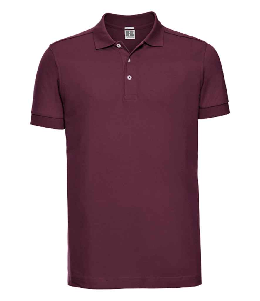 Russell Stretch Piqué Polo Shirt in Burgundy by Russell — Custom branded clothing by Print Press, featuring premium embroidery produced in our specialist print lab in the UK.
