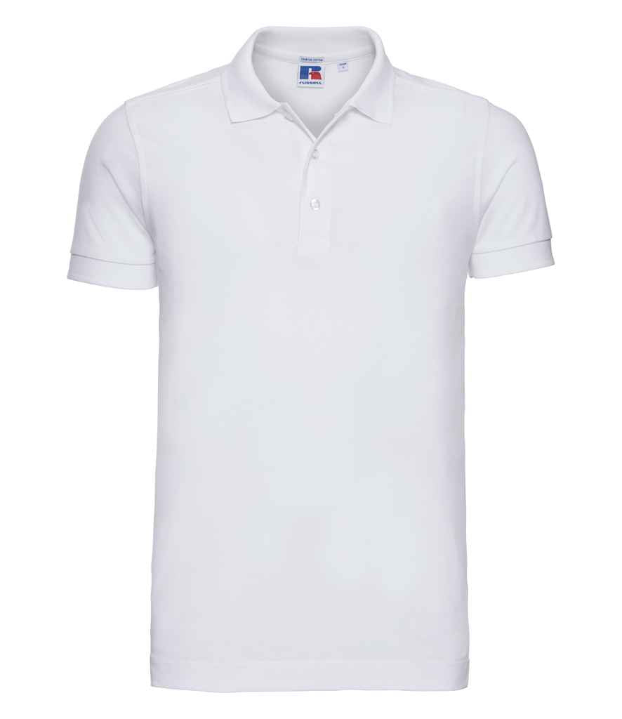 Russell Stretch Piqué Polo Shirt in White by Russell — Custom branded clothing by Print Press, featuring premium embroidery produced in our specialist print lab in the UK.