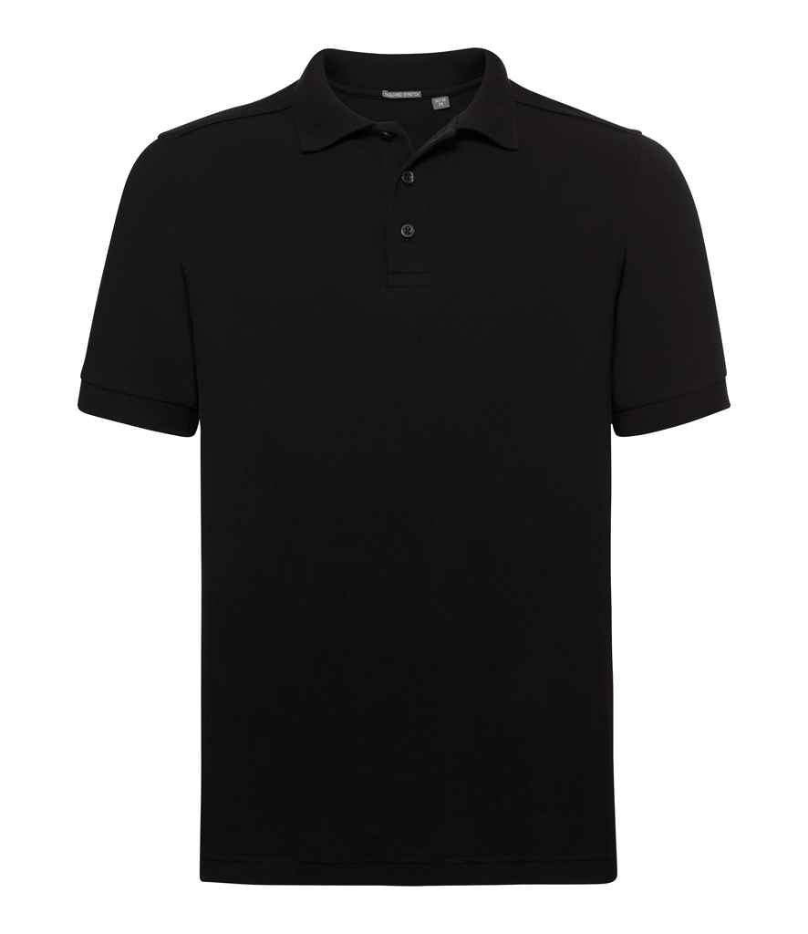 Russell Tailored Stretch Piqué Polo Shirt in Black by Russell — Custom branded clothing by Print Press, featuring premium embroidery produced in our specialist print lab in the UK.