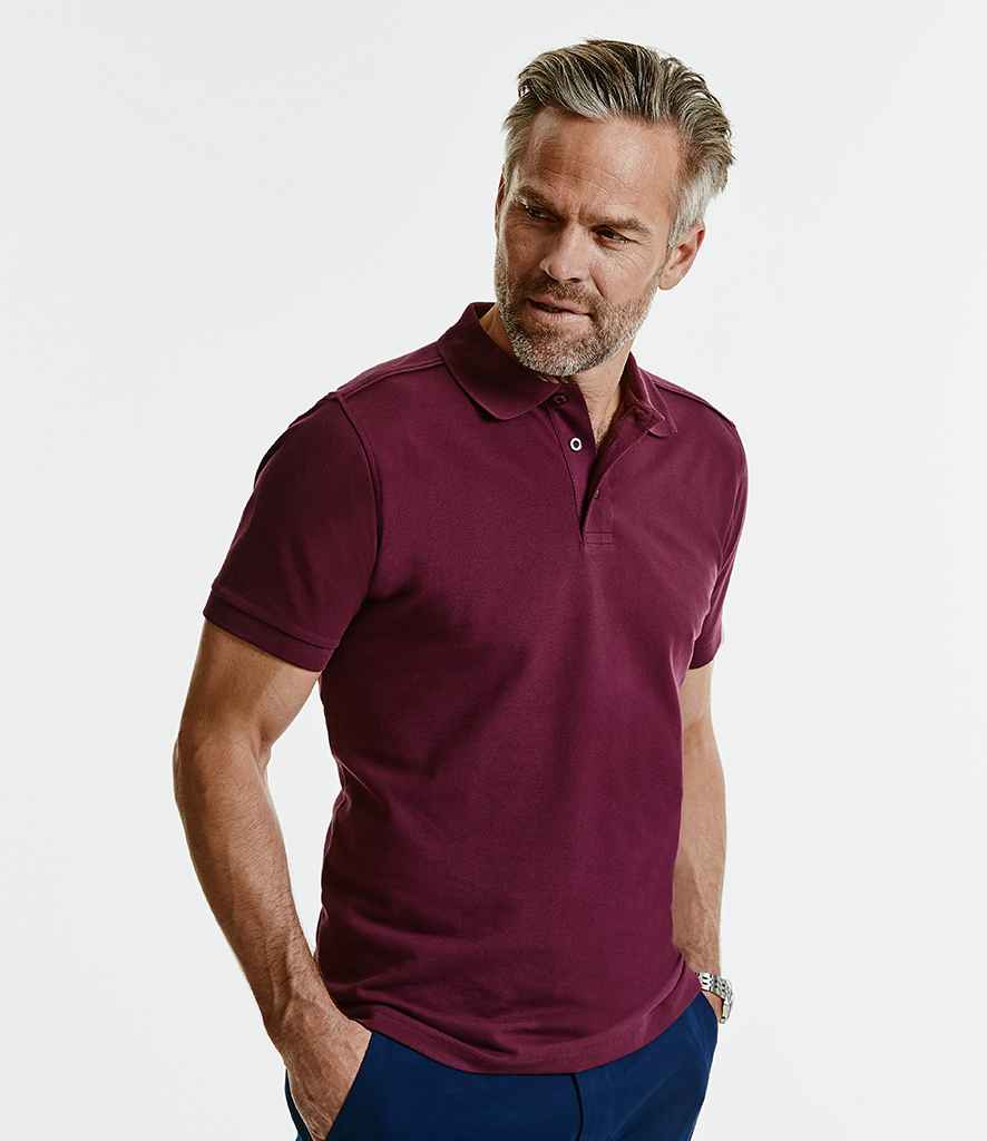 Russell Tailored Stretch Piqué Polo Shirt in Burgundy by Russell — Custom branded clothing by Print Press, featuring premium embroidery produced in our specialist print lab in the UK.