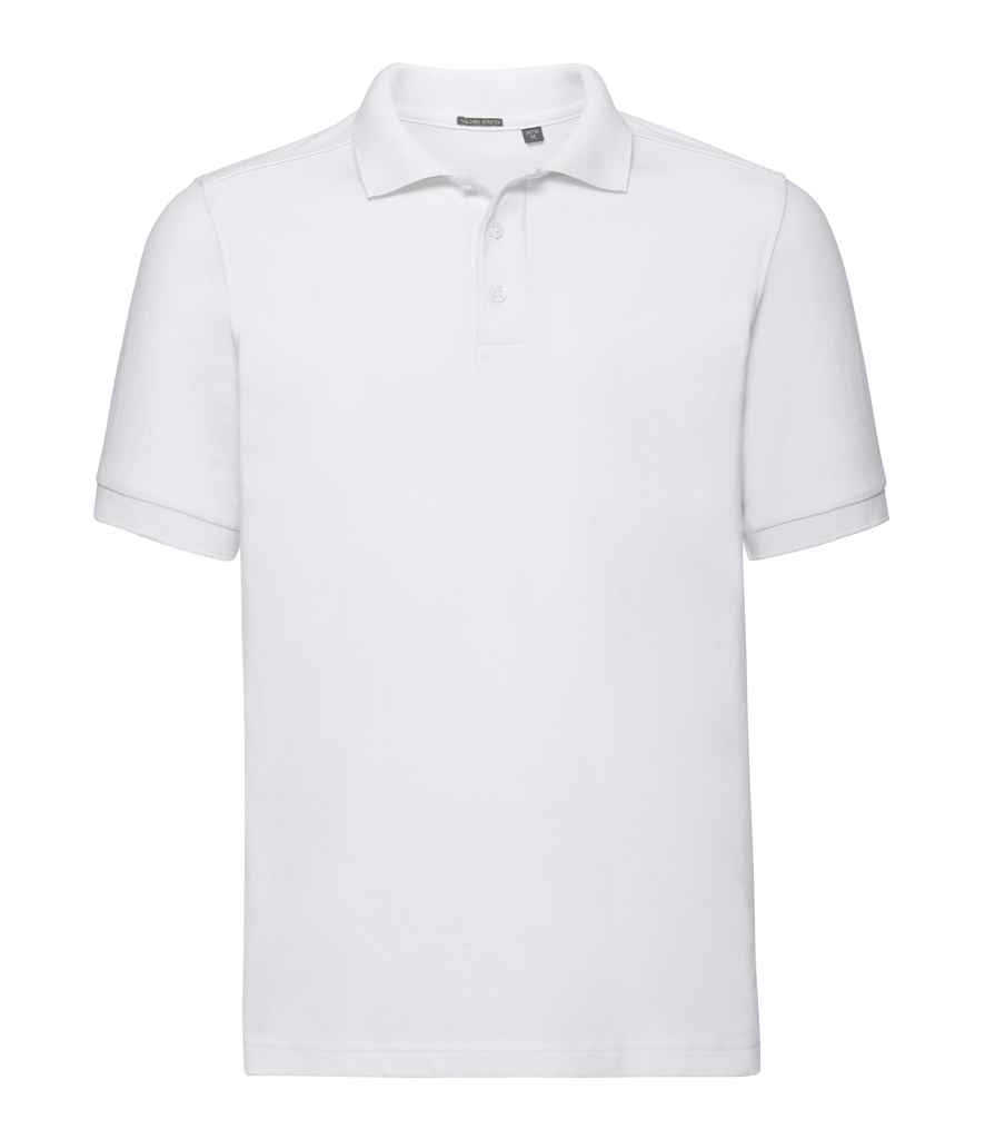 Russell Tailored Stretch Piqué Polo Shirt in White by Russell — Custom branded clothing by Print Press, featuring premium embroidery produced in our specialist print lab in the UK.