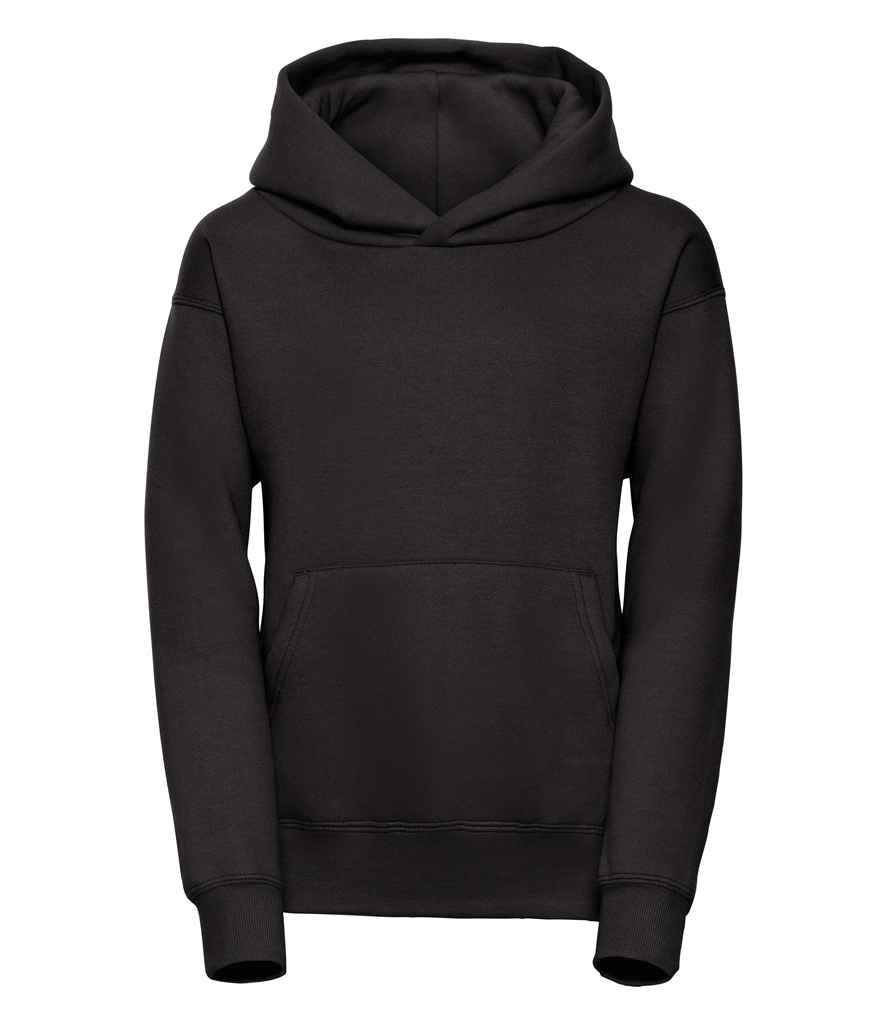 Russell Schoolgear Kids Hooded Sweatshirt in Black by Russell — Custom branded clothing by Print Press, featuring premium embroidery produced in our specialist print lab in the UK.