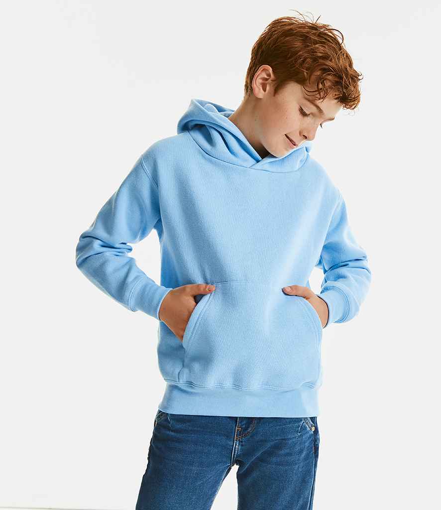 Russell Schoolgear Kids Hooded Sweatshirt in Sky Blue by Russell — Custom branded clothing by Print Press, featuring premium embroidery produced in our specialist print lab in the UK.