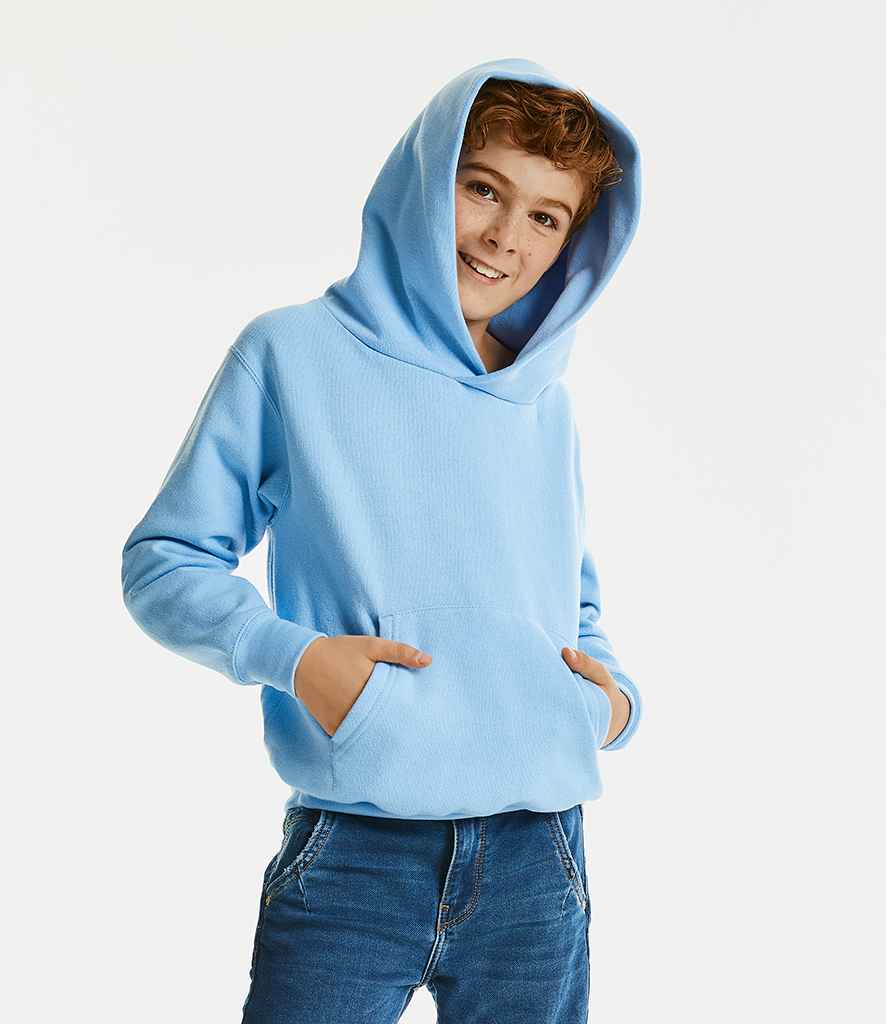 Russell Schoolgear Kids Hooded Sweatshirt in by Russell — Custom branded clothing by Print Press, featuring premium embroidery produced in our specialist print lab in the UK.