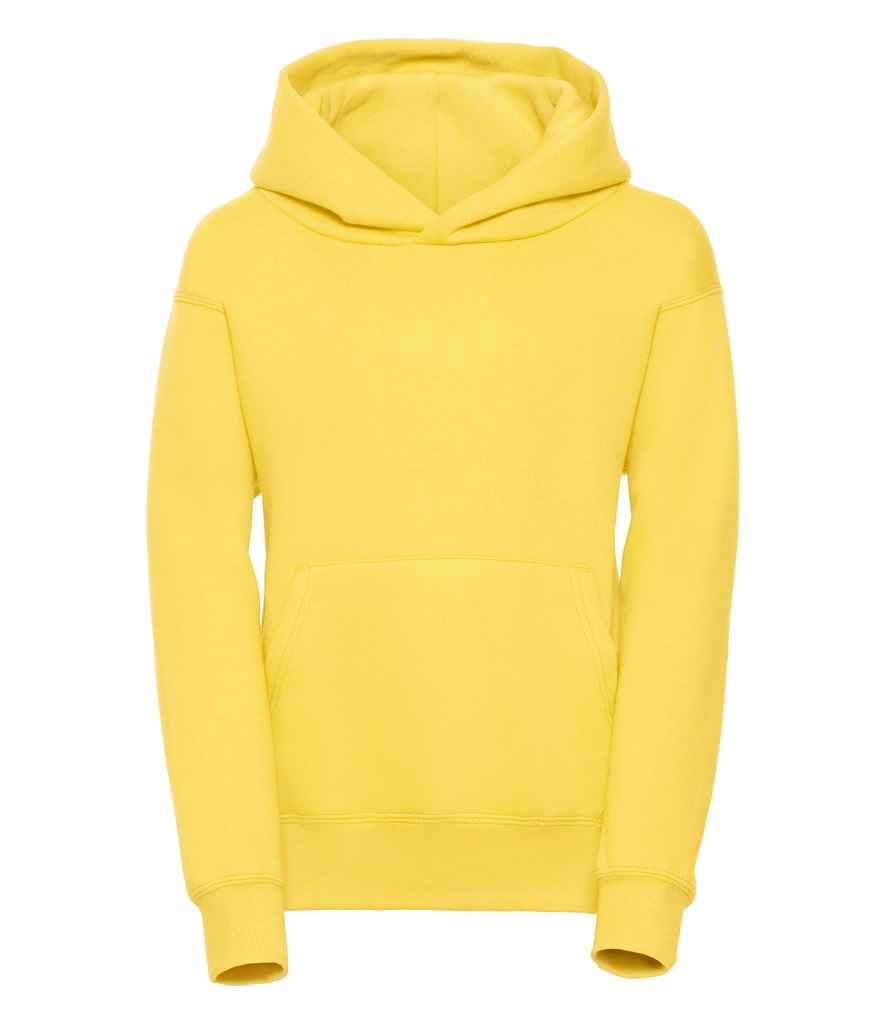 Russell Schoolgear Kids Hooded Sweatshirt in Yellow by Russell — Custom branded clothing by Print Press, featuring premium embroidery produced in our specialist print lab in the UK.