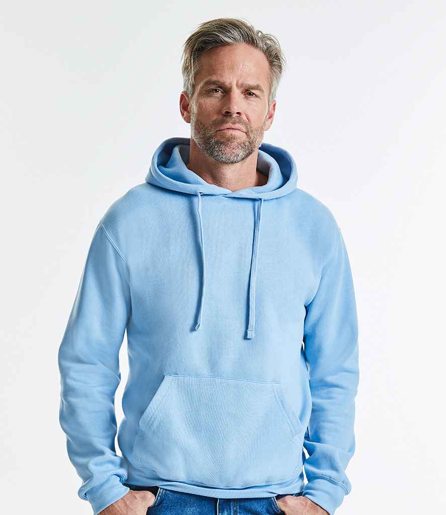 Russell Hooded Sweatshirt in Sky Blue by Russell — Custom branded clothing by Print Press, featuring premium embroidery produced in our specialist print lab in the UK.