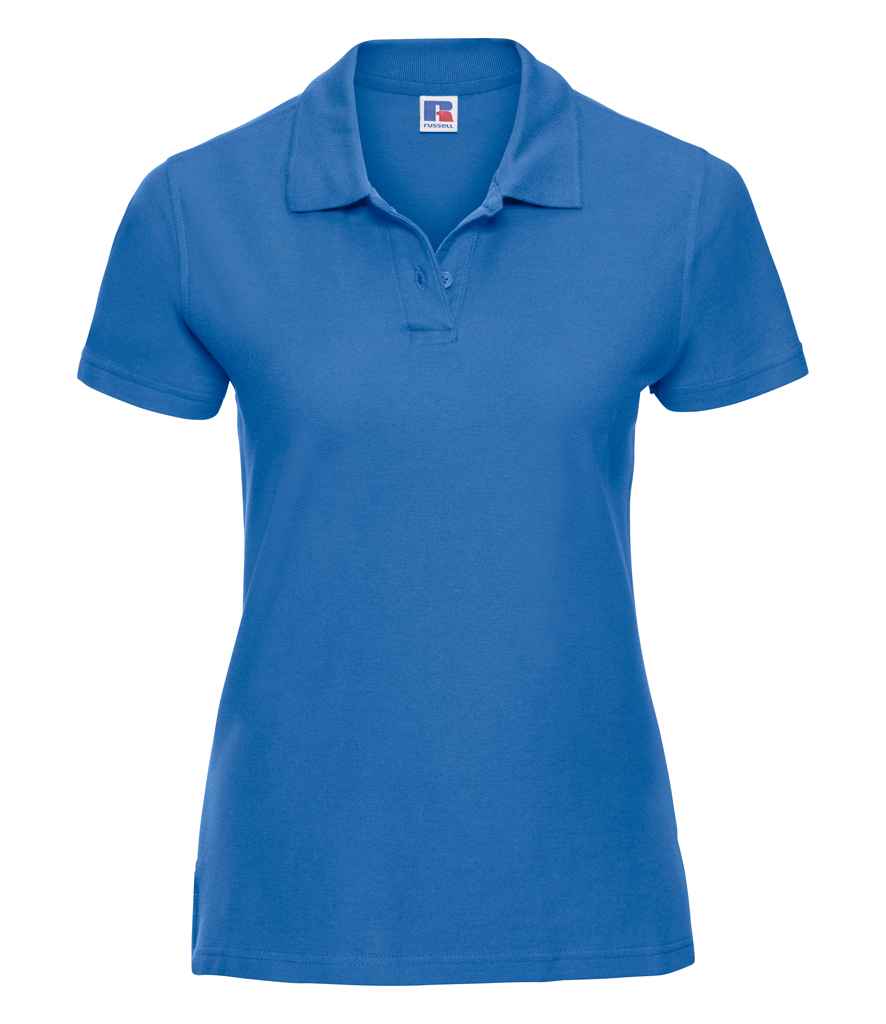 Russell Ladies Ultimate Cotton Piqué Polo Shirt in Azure by Russell — Custom branded clothing by Print Press, featuring premium embroidery produced in our specialist print lab in the UK.