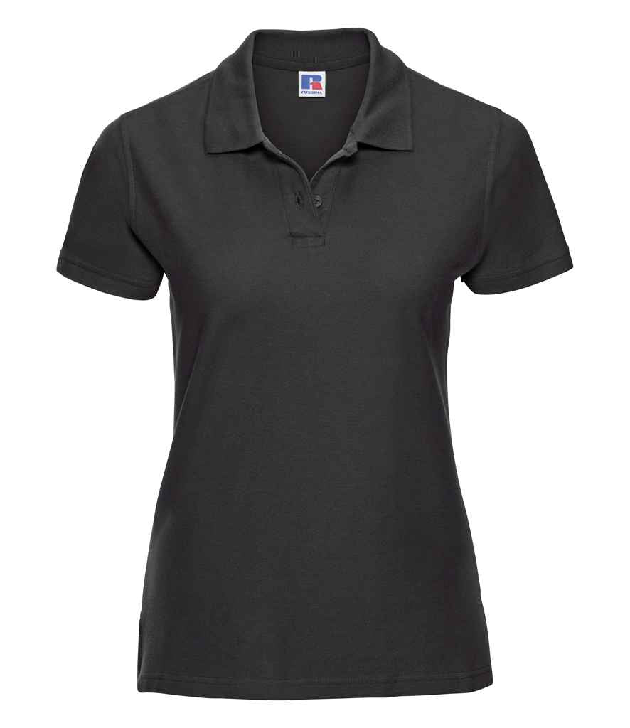 Russell Ladies Ultimate Cotton Piqué Polo Shirt in Black by Russell — Custom branded clothing by Print Press, featuring premium embroidery produced in our specialist print lab in the UK.