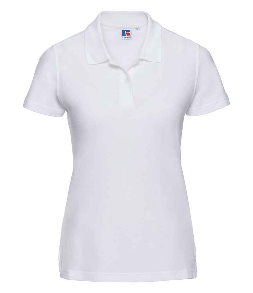 Russell Ladies Ultimate Cotton Piqué Polo Shirt in White by Russell — Custom branded clothing by Print Press, featuring premium embroidery produced in our specialist print lab in the UK.