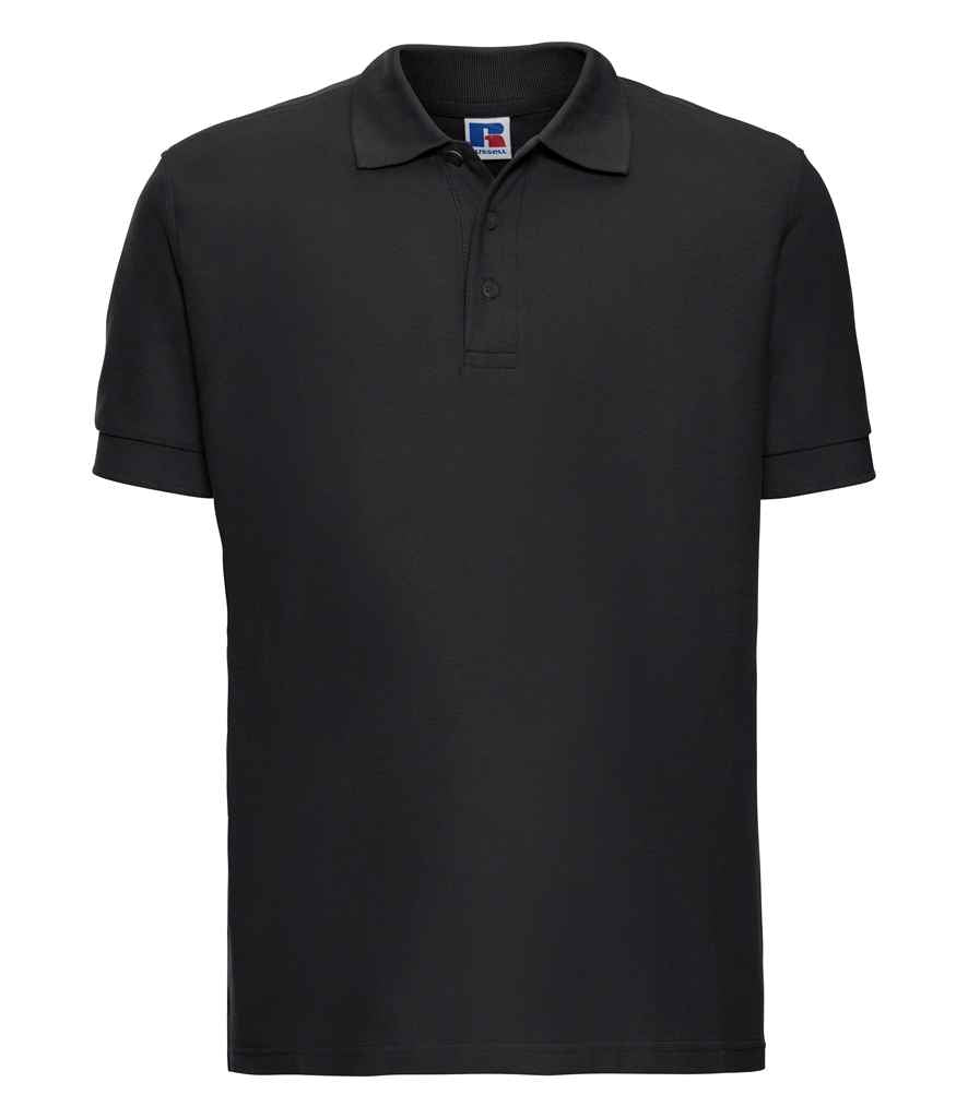 Russell Ultimate Cotton Piqué Polo Shirt in Black by Russell — Custom branded clothing by Print Press, featuring premium embroidery produced in our specialist print lab in the UK.